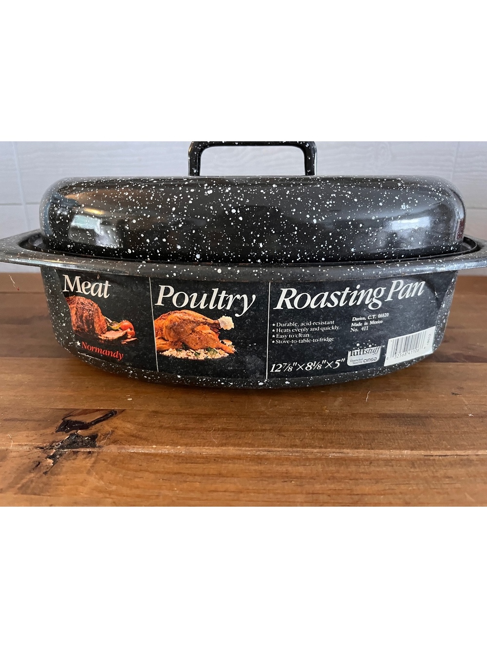 Vintage Normandy by Cinsa Black Speckled Enamelware Oval Roasting Pan with Lid